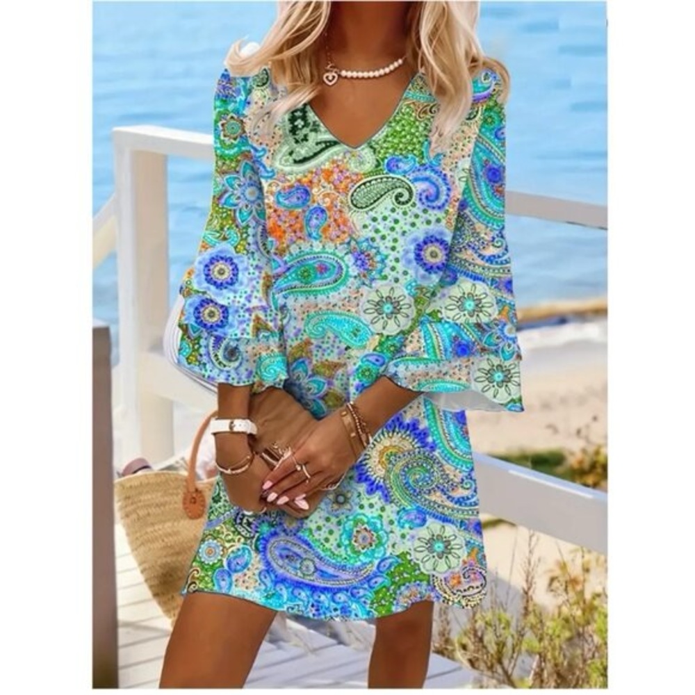 Paisley Print Layered Dress   V Neck Flared Sleeve Dress